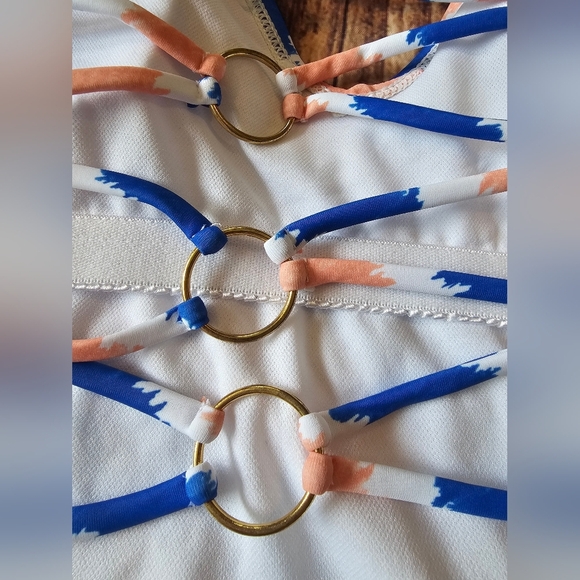 YMI Size XL One Piece Striped Swimsuit Strap Metal Ring Detail Lace Up Back NWT - Picture 6 of 7